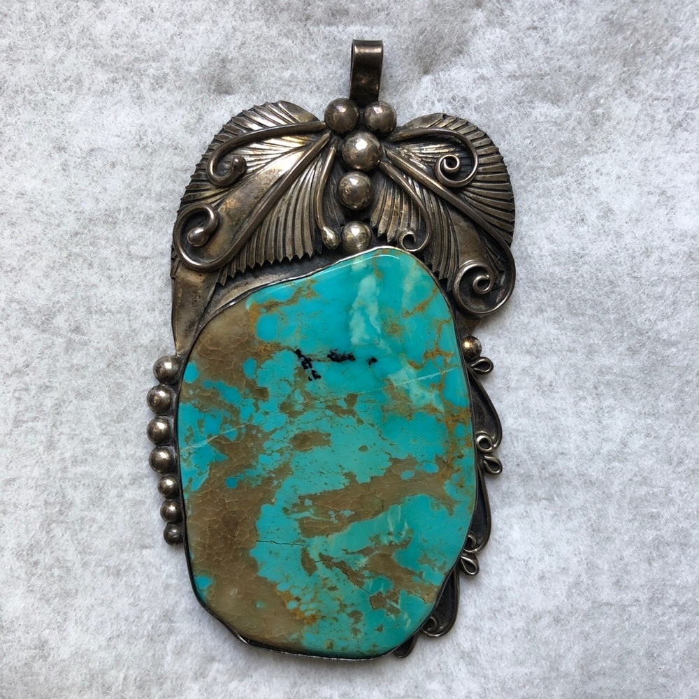 HUGE Vintage Navajo Kingman Turquoise 925 Sterling Silver Pendant Statemnt Piece - Picture 16 of 17